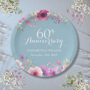 Assiettes En Carton 60e Anniversaire de Mariage Aquarelle Roses Fleur