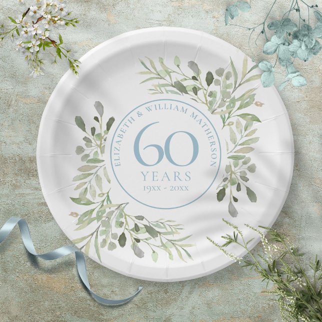 Assiettes En Carton 60e anniversaire de Mariage diamant verdure (60th Diamond Wedding Anniversary Greenery Paper Plates)