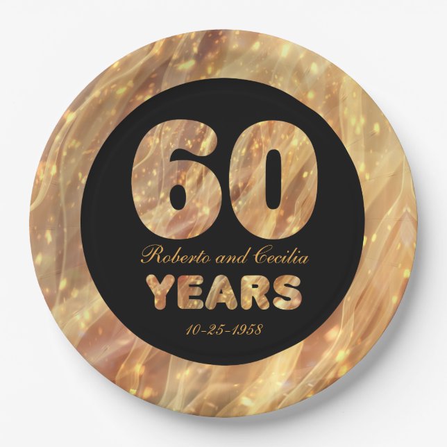 Assiettes En Carton 60e anniversaire de Mariage Gold Party Lumières (Devant)