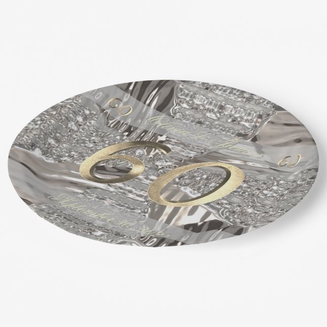 Assiettes En Carton 60e anniversaire du Diamant Mariage Elégant Faux G (Angle)