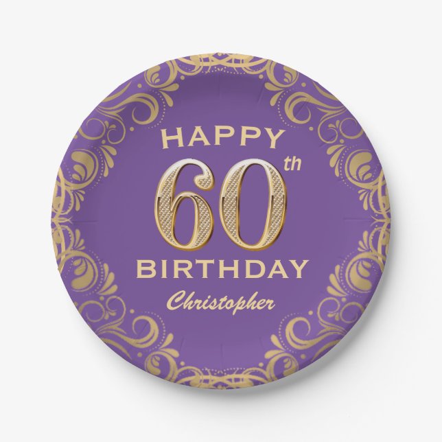 Assiettes En Carton 60e anniversaire fête violet et Parties scintillan (Devant)