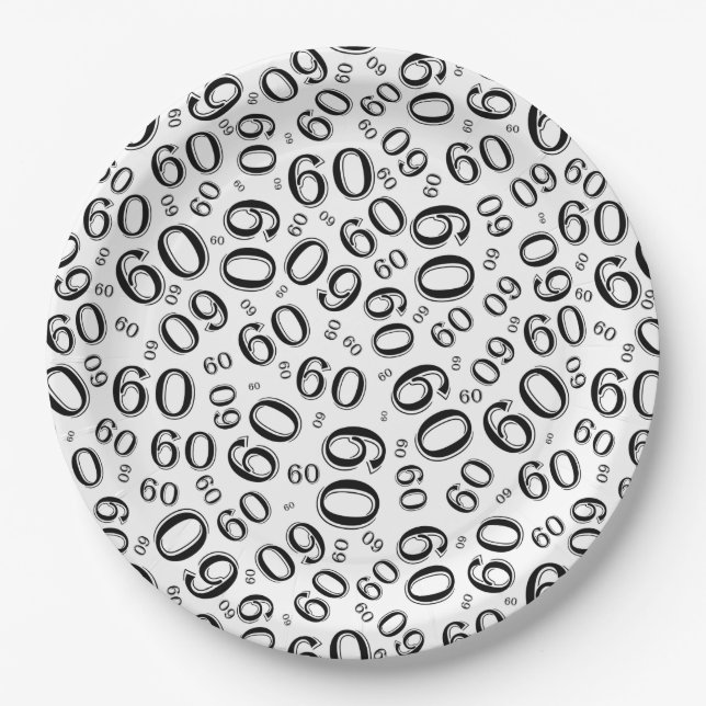 Assiettes En Carton 60e anniversaire Numéro de fête Motif noir/blanc (Devant)