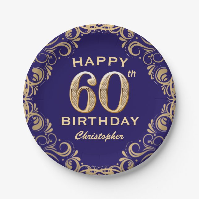 Assiettes En Carton 60e anniversaire Parties scintillant marine bleu e (Devant)