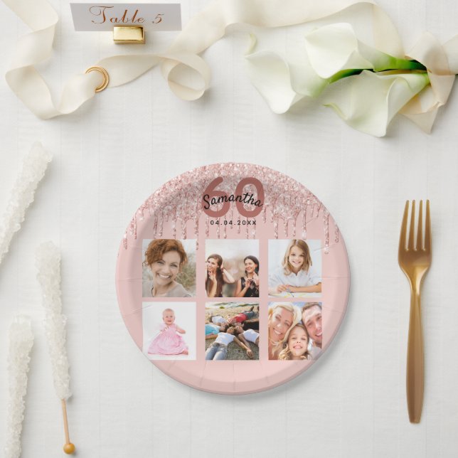 Assiettes En Carton 60e anniversaire rose blush parties scintillant ph (Mariage)