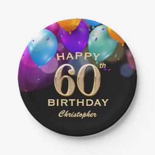 Assiettes En Carton 60e fête d'anniversaire Ballons noirs et or