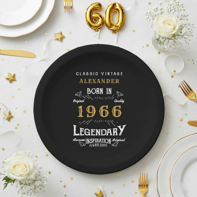 Assiettes En Carton 60th Birthday 1966 Legendary Retro (1966 black paper plate on a white and gold background.)
