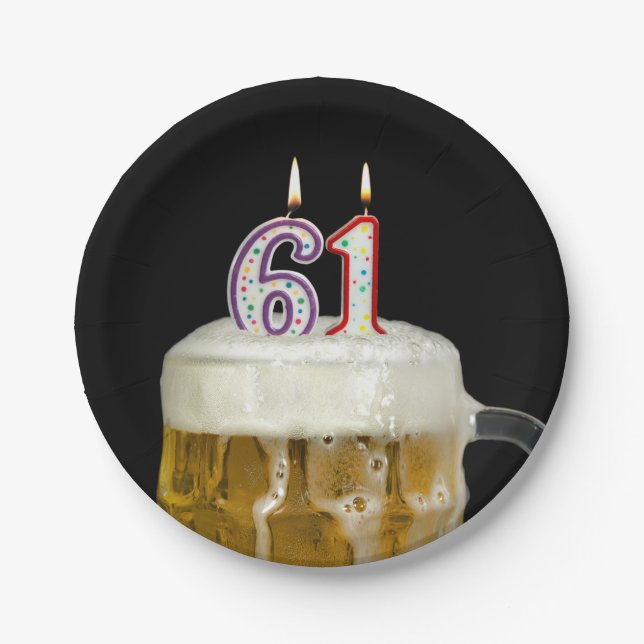 Assiettes En Carton 61e anniversaire bière avec bougie (Devant)
