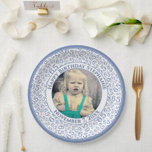 Assiettes En Carton 65 Votre motif de nombre aléatoire de photo Bleu/B