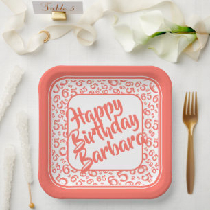 Assiettes En Carton 65e anniversaire Numéro de fête Motif Coral Blanc