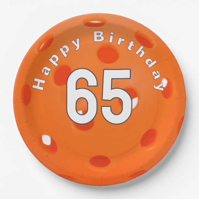 Assiettes En Carton 65e anniversaire Orange Pickleball (Devant)