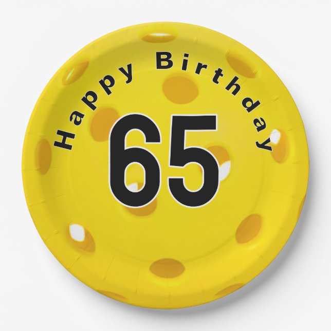 Assiettes En Carton 65e anniversaire Pickleball Jaune (Devant)