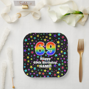 Assiettes En Carton 69e anniversaire : Fun Stars Motif et Rainbow "69"