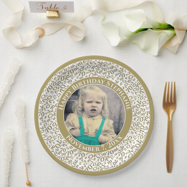 Assiettes En Carton 70 Votre photo Numéro Aléatoire Motif Or/Blanc (Mariage)