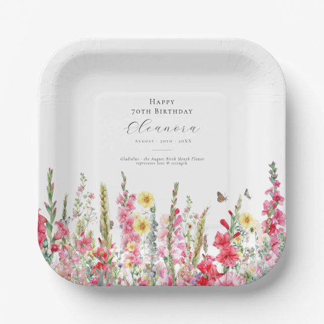 Assiettes En Carton 70e Anniversaire Août Fleur de naissance Fournitur (Recto)