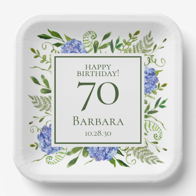 Assiettes En Carton 70e anniversaire Blue Hydrangeas (Recto)