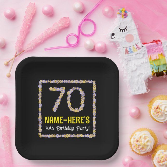 Assiettes En Carton 70e anniversaire : Floral Flowers Numéro, Nom pers (Fête)