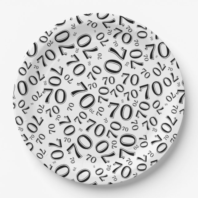 Assiettes En Carton 70e anniversaire Numéro de fête Motif noir et blan (Devant)