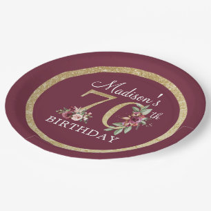 Assiettes En Carton 70e anniversaire Personnalisé Burgundy Gold