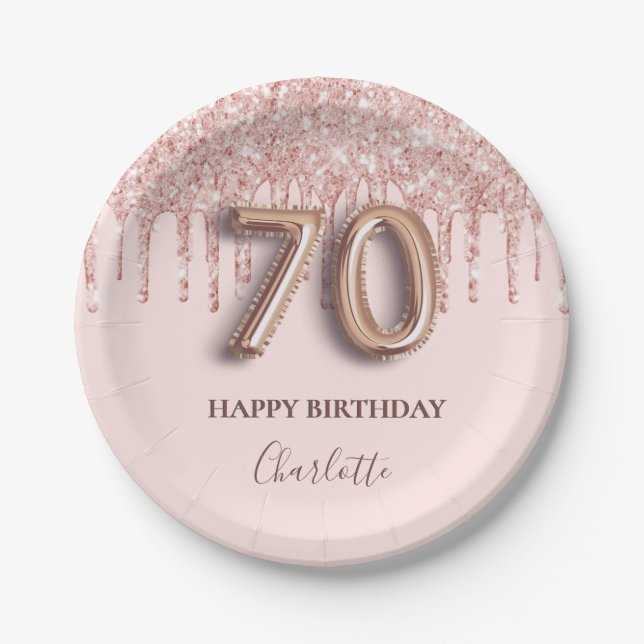 Assiettes En Carton 70e anniversaire rose or parties scintillant rose  (Devant)