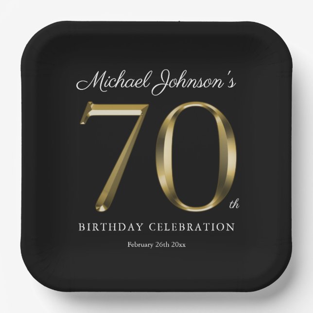 Assiettes En Carton 70e anniversaire Solid Gold Texte Élégant Noir (Recto)