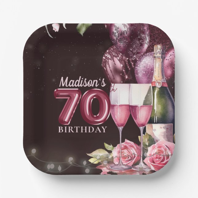 Assiettes En Carton 70e Anniversaire Vin & Ballons Personnalisé (Recto)