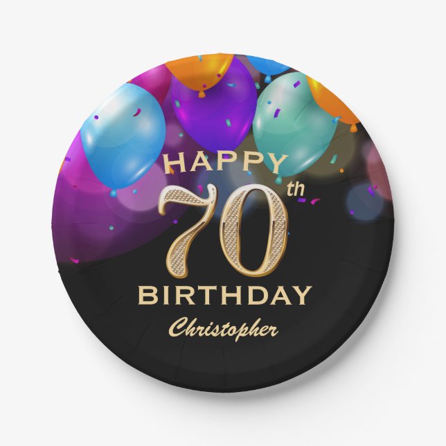 Assiettes En Carton 70e fête d'anniversaire Ballons noirs et or (Devant)