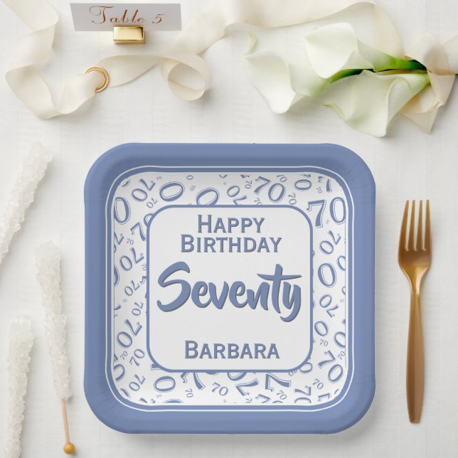 Assiettes En Carton 70e Motif du numéro aléatoire bleu/blanc (Mariage)