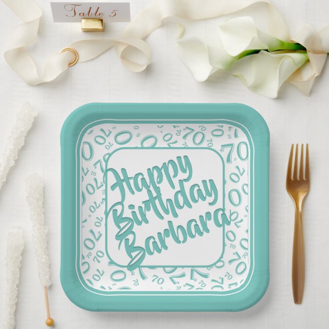 Assiettes En Carton 70th Birthday Party Numéro Motif Turquoise blanc (Mariage)
