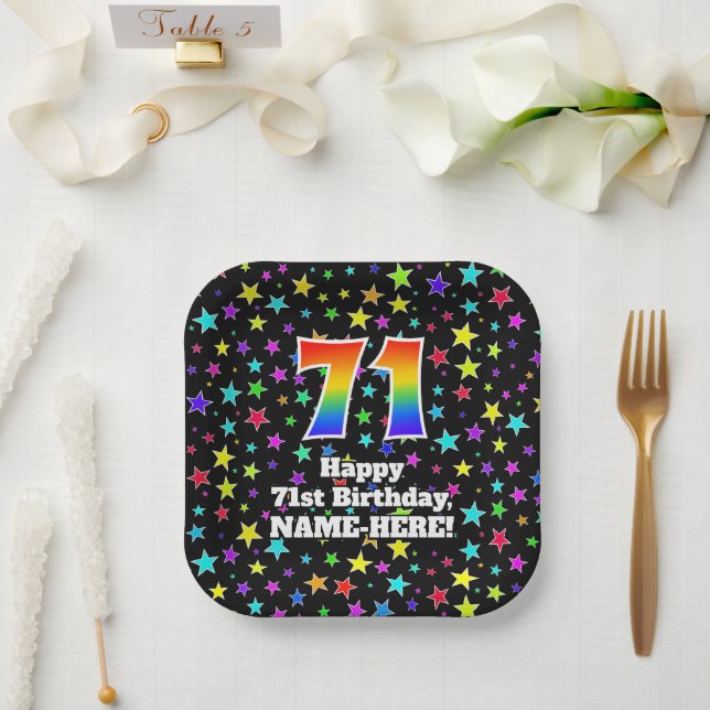 Assiettes En Carton 71e anniversaire : Fun Stars Motif et Rainbow "71" (Mariage)
