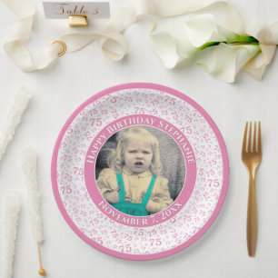 Assiettes En Carton 75 Votre photo Numéro Aléatoire Motif Rose/Blanc