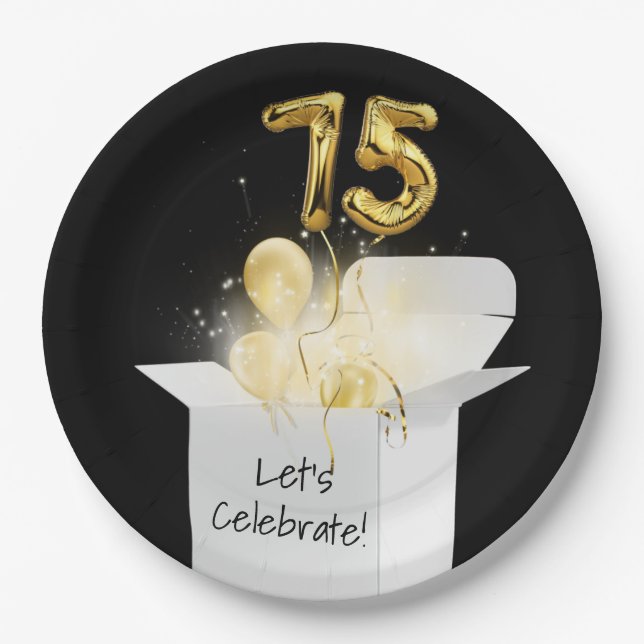 Assiettes En Carton 75e anniversaire Ballons d'or en boîte blanche (Devant)