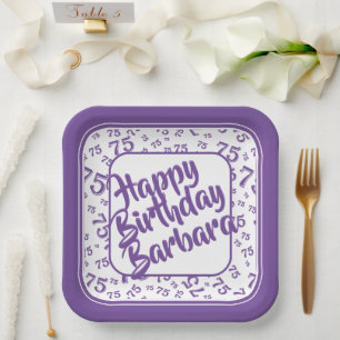 Assiettes En Carton 75e anniversaire Numéro de fête Motif violet/blanc