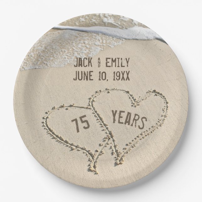 Assiettes En Carton 75e Anniversaire Plage Coeurs Plaque papier (Devant)