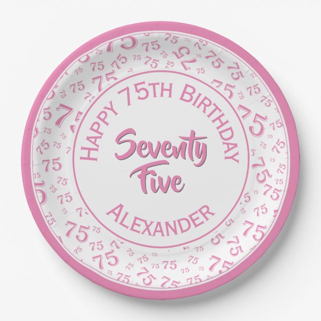 Assiettes En Carton 75e anniversaire Random Number Motif rose/blanc (Devant)