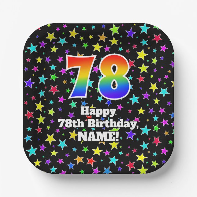 Assiettes En Carton 78e anniversaire : Fun Stars Motif et Rainbow "78" (Recto)
