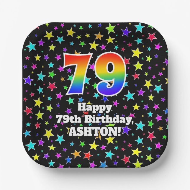 Assiettes En Carton 79e anniversaire : Fun Stars Motif et Rainbow "79" (Recto)