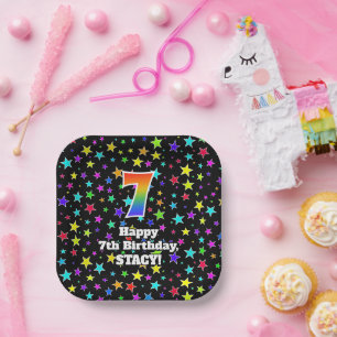 Assiettes En Carton 7e anniversaire : Fun Stars Motif et Rainbow "7"