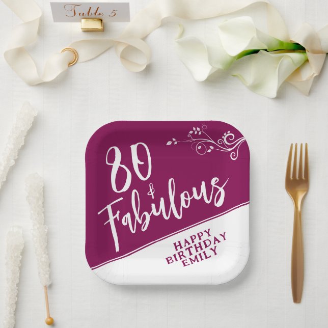 Assiettes En Carton 80 et fabuleux Script Magenta 80e anniversaire (Mariage)