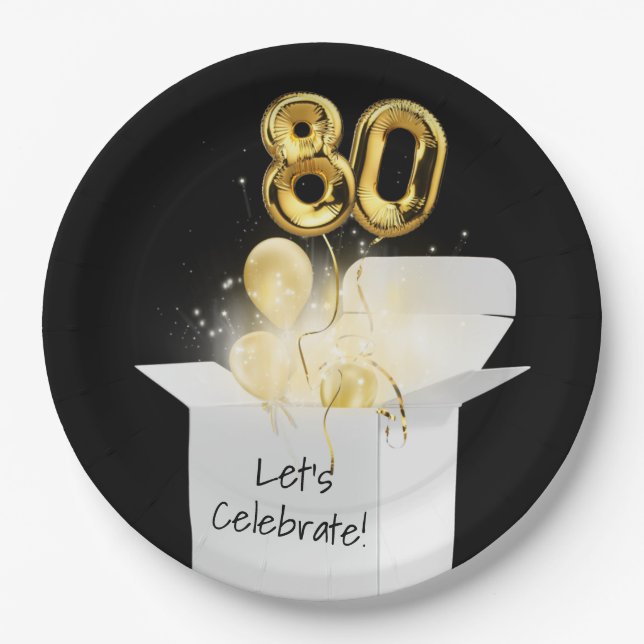 Assiettes En Carton 80e Anniversaire Ballons d'Or En Boîte Blanche (Devant)