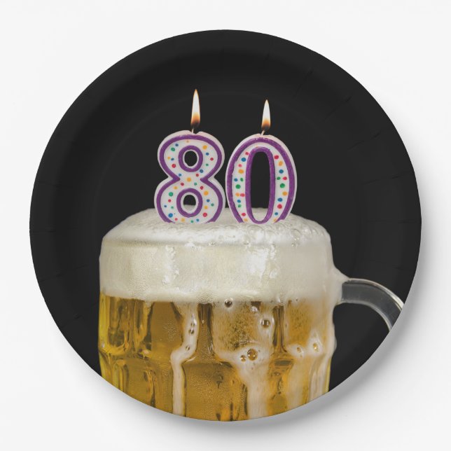 Assiettes En Carton 80e anniversaire Bière sur plaque de papier noir (Devant)
