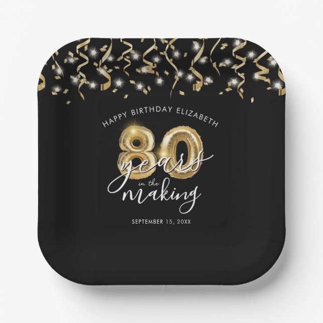 Assiettes En Carton 80e anniversaire Black Gold Script Streamers (Recto)