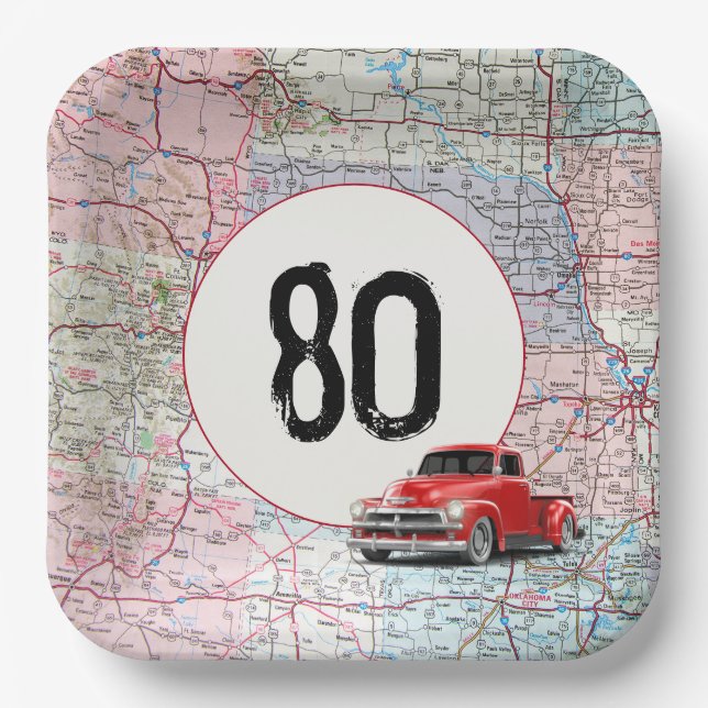 Assiettes En Carton 80e anniversaire Camion rouge Retro sur la carte r (Recto)