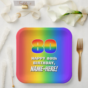 Assiettes En Carton 80e anniversaire : coloré, amusant Motif arc-en-ci