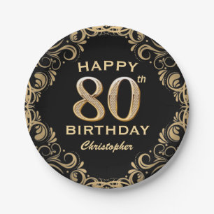 Assiettes En Carton 80e anniversaire de la Parties scintillant Black a