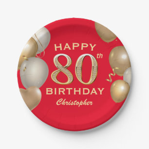 Assiettes En Carton 80e Anniversaire des Ballons Rouge et Or