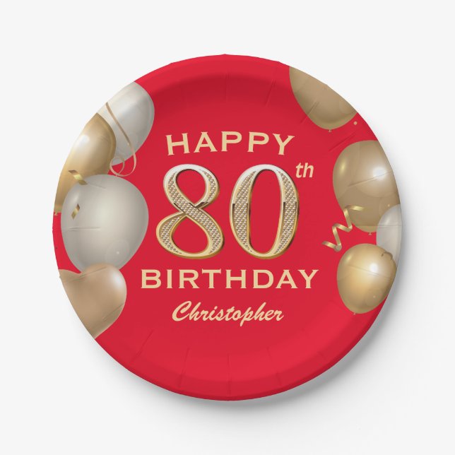 Assiettes En Carton 80e Anniversaire des Ballons Rouge et Or (Devant)
