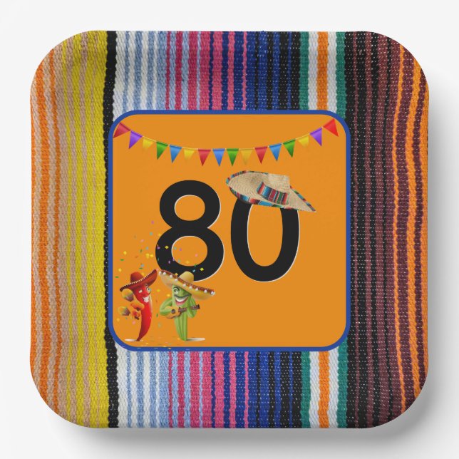 Assiettes En Carton 80e anniversaire fête Design mexicain (Recto)