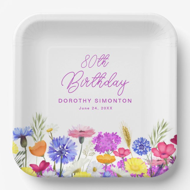 Assiettes En Carton 80e anniversaire fête Fleur sauvage pourpre Person (Recto)