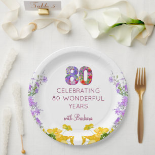 Assiettes En Carton 80e anniversaire floral moderne 80 ans fête élégan