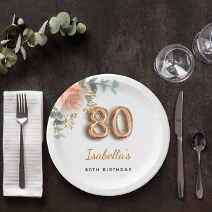 Assiettes En Carton 80e anniversaire floral rose or eucalyptus monogra